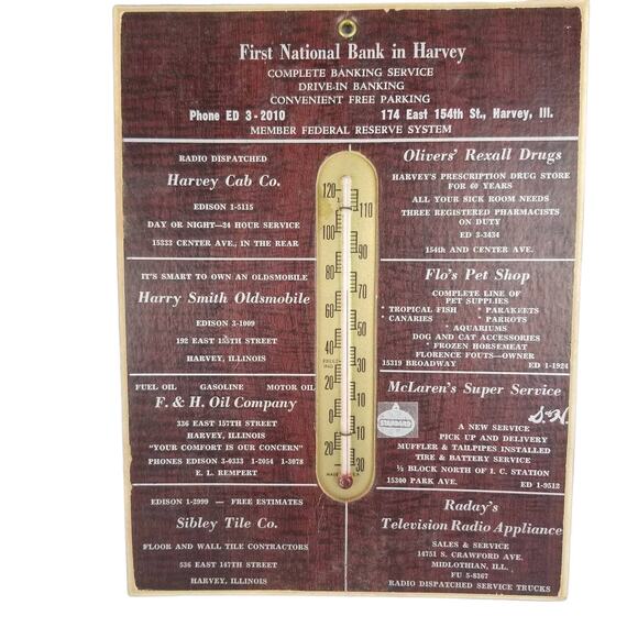 Vintage Bank Advertising Thermometer 1960's First National Bank Of Harvey Ill.
